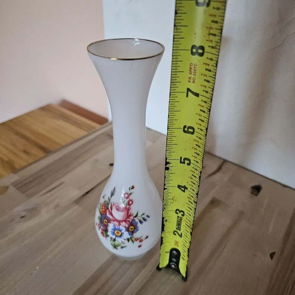 Vintage Frosted Glass Bud Vase – Floral Transfer Design – Mid Century Modern